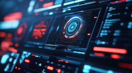 Obraz premium Futuristic Digital Interface with Neon Elements and Abstract Data Visualization in Blue and Red Glows