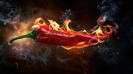a red chili pepper on fire smoke rising,with black background