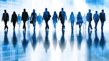 Silhouetted businesspeople walking in modern city.