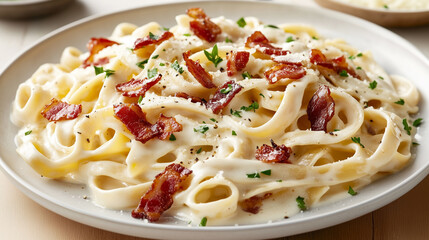 Close-up of a plate of creamy fettuccine alfredo garnished with crispy bacon, fresh parsley, and a sprinkle of parmesan