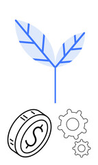 Leaf sprout conveys sustainability, coin signifies financial growth, and gears represent innovation. Ideal for green business, eco-economy, growth strategy, startups, sustainability, innovation
