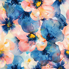 Cute blue and pink watercolor flowers watercolor seamless pattern. Watercolor print in rustic vintage style, textile or wallpapers.

