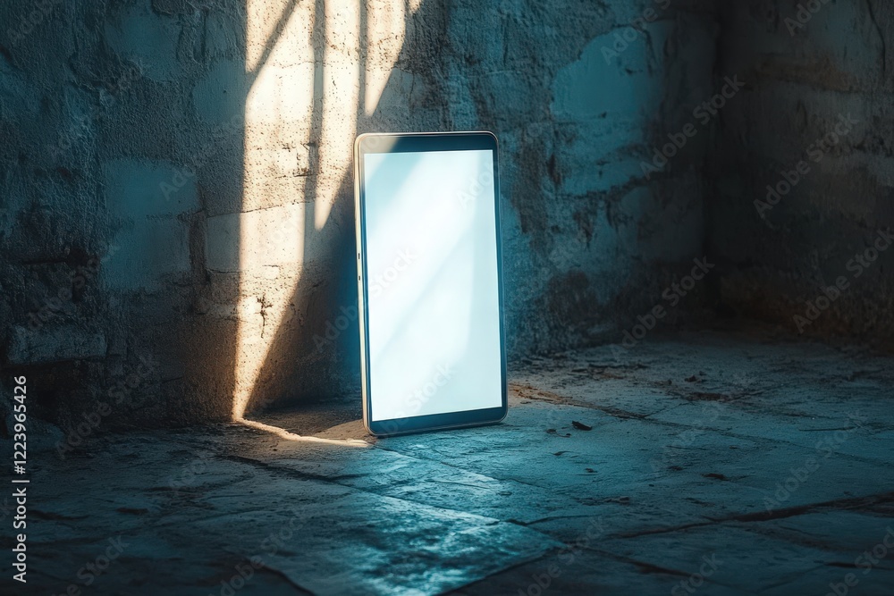 Poster minimalistic display of a digital screen in natural light, illuminating space with soft shadows, cap