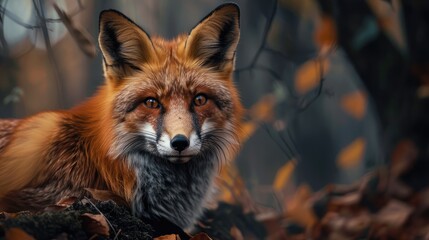 Fototapeta premium a fox in the forest close up looking at camera,background autumn