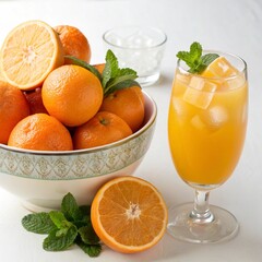 A glass of fresh orange juice with a bowl of oranges