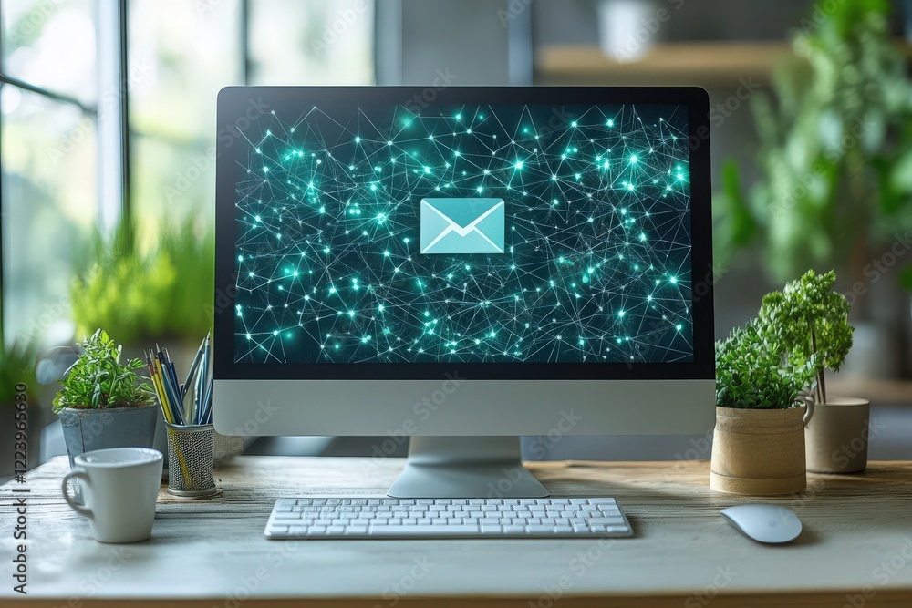 Poster modern workspace with computer displaying email icon surrounded by digital network and green plants,