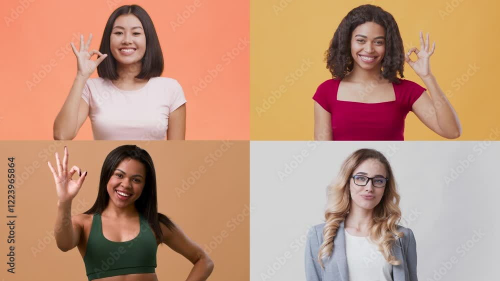Aufkleber a collage showcases four multiracial individuals smiling and making a gesture of approval. each pers