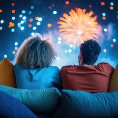 Couple Enjoys Spectacular Fireworks Display Together Under Night Sky Filled with Colorful Lights