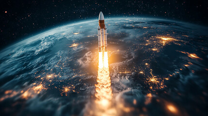 A rocket launching above Earth with a minimalistic bright tone, modern blurred background, and an empty blank space for a caption, symbolizing exploration, innovation, and limitless possibilities.


