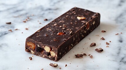 Tasty chocolate bar with pieces of fruit and nuts embedded, placed on a marble countertop with a few crumbs scattered
