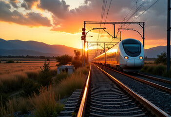 High-speed train moves on railway at sunset. Scenic landscape with golden hour lighting. European passenger train travels on railroad tracks surrounded by mountains. Public transport vehicle in
