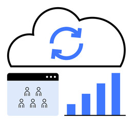 Cloud with refresh arrows, user interface panel, and bar chart representing data syncing, team collaboration, and growth tracking. Ideal for tech, cloud systems, team management, analytics data