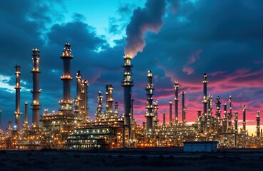 Oil refinery complex at twilight. Towering columns, structures with glowing lights show industry activity. Colorful sunset sky above. Industrial landscape, petrochemicals, oil processing. Evening