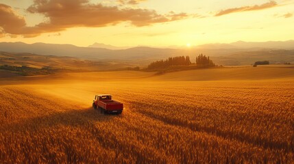 Fototapeta premium Red truck driving through golden wheat field at sunset.