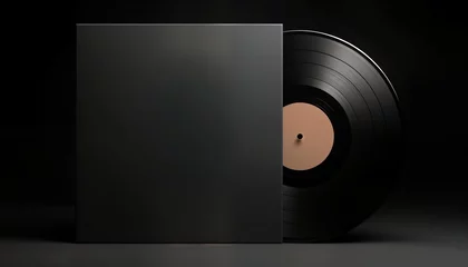 Papier peint photo Stylish black vinyl record, case. Minimalist design. Elegant object. Ideal for music lovers. Perfect for music stores, record shops dj stores. Retro, vintage theme. Modern simple design with dark