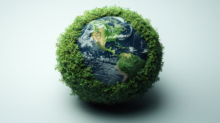 Fototapeta premium spherical object resembling Earth, surrounded by lush green foliage, symbolizes nature and environmental awareness. This captivating image evokes sense of harmony and sustainability