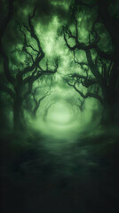 Eerie green forest path, mystical fog