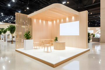 Modern trade show booth with minimalist design and blank branding space