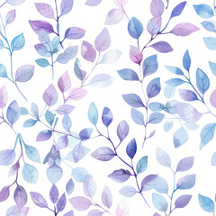 Cute eaves in shades of purple and blue, with soft gradients blending watercolor seamless pattern. Watercolor print in rustic vintage style, textile or wallpapers.
