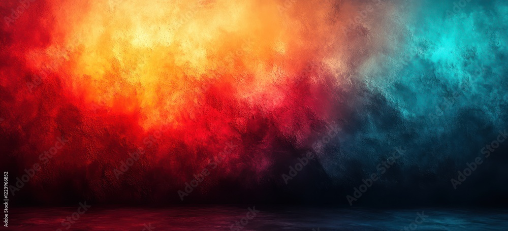 Poster vibrant abstract gradient background with glowing red and teal shapes in impressionist style design