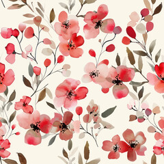 Cute flowers in shades of red and pink, with soft green leaves  watercolor seamless pattern. Watercolor print in rustic vintage style, textile or wallpapers.
