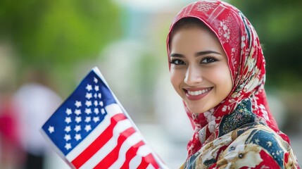 A happy woman wearing a traditional outfit, holding a U.S. flag proudly at her naturalization ceremony, with a bright smile.