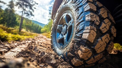 Obraz premium Mud-caked off-road tire on a dirt road.
