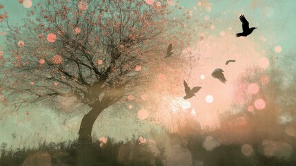Dreamy Pastel Collage of a Blossoming Tree with Robotic Birds Under Soft Sunlight in a Whimsical Futuristic Forest Setting