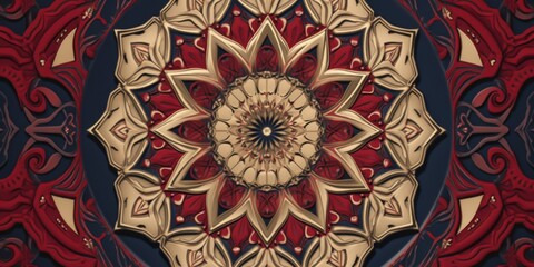 Intricate 3D Mandala Design Red Gold and Blue Hues Symmetrical Pattern  Circular Ornament Decorative Art