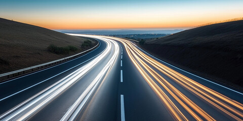 Illuminated highway with speeding light trails at dusk
