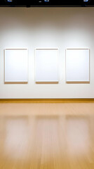 Empty gallery frames, hardwood floor, modern art exhibit