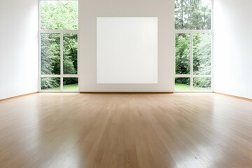 Empty gallery, large canvas, garden view