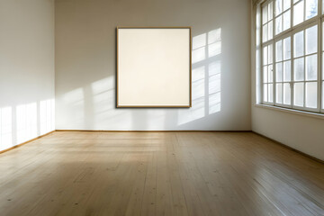 Obraz premium Empty gallery room, sunlight, hardwood floor, blank canvas, art display