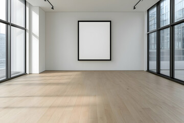 Obraz premium Empty gallery, sunlit hardwood floors, city view