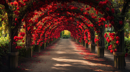 Fototapeta premium picturesque walkway adorned with vibrant red flowers creates stunning visual experience. arching structure enhances beauty of garden, inviting visitors to explore