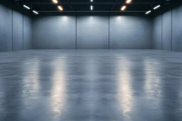 Empty industrial space, concrete floor, lighting