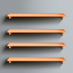 Empty wooden shelves on gray wall, background blur