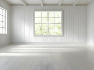 Obraz premium Empty white room, sunlight, trees. Home interior design
