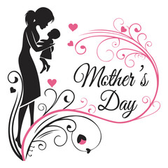 Naklejka premium Mother and child abstract illustration, minimalist line art, black and pink color on transparent background for Mother's Day Design