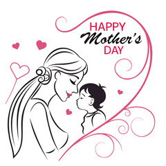 Mother and child abstract illustration, minimalist line art, black and pink color scheme, Mother's Day greeting card Design