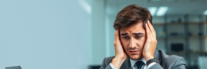 Stressed businessman in office with head in hands due to economic crisis and business failure, businessman, young