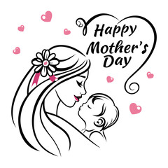 Mother and child abstract illustration, minimalist line art, black and pink color on transparent background for Mother's Day Design