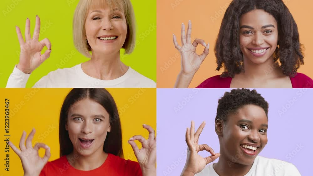 Poster a collection of diverse individuals showcasing joyful expressions and positive hand gestures. the ba
