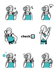 Illustration set of housewife holding magnifying glass.
