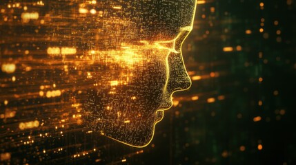 Surreal Image of a Dissolving Face Merging with Chaotic Data Streams in AI Concept Lighting, Capturing the Essence of Glitchy Digital Art in a Negative Space