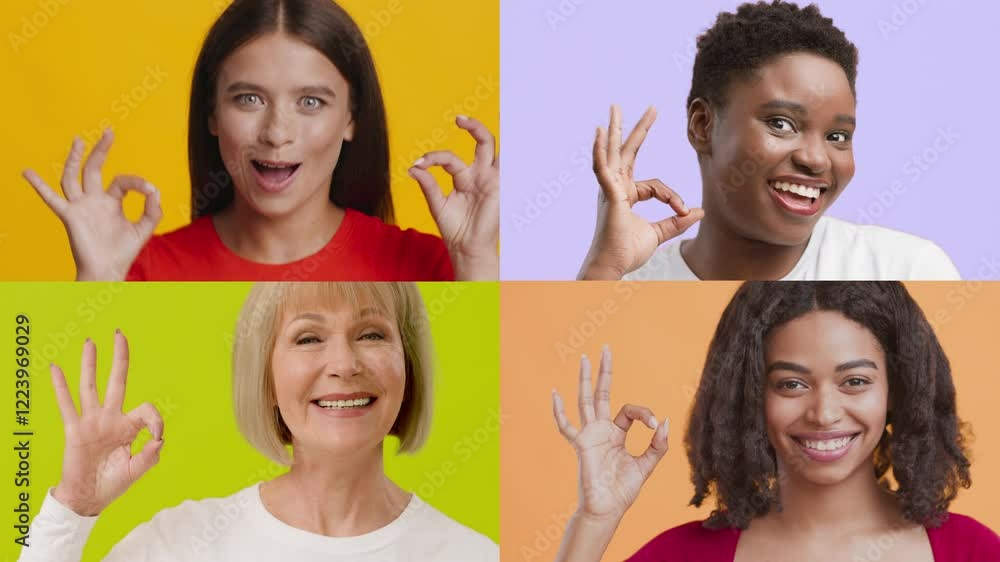 Poster a collection of four multiracial individuals each making the ok gesture with their hands. they are s
