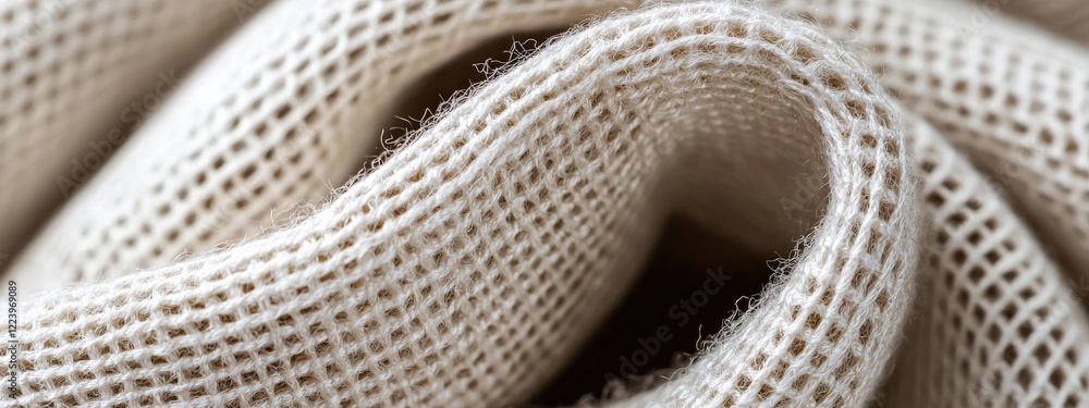 Poster close-up view of creamy beige textured fabric with loose weave and soft fibers for textile projects