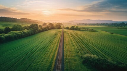 Scenic aerial shot of lush green farmland with a single railroad track cutting through the landscape at sunrise.