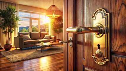 Obraz premium Vintage Style Photography of a Digital Door Handle in a Half-Open Wooden Door, Showcasing Room Security and Modern Electronics in a Cozy Living Room Setting