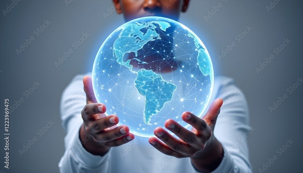 Aufkleber global tech and connectivity: hands holding a glowing globe of interconnected points